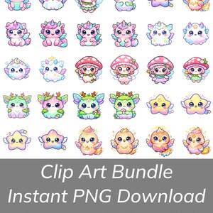 May include: A collection of colorful, cartoon-style clip art characters, including unicorns, mushroom creatures, stars, and birds. The characters are in pastel colors with large eyes and cute expressions. Text at the bottom reads "Clip Art Bundle, Instant PNG Download, Commercial Use OK."