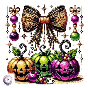 Op de afbeelding: Een digitale illustratie met een grote zwarte en gouden strik boven drie uitgesneden pompoenen in oranje, groen en paars. Decoratieve hangende ornamenten en sterren omringen de pompoenen en creëren een feestelijk Halloween-thema.