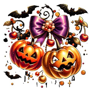 May include: A Halloween-themed illustration featuring two glowing orange jack-o'-lanterns with carved faces. A large purple bow with pearl accents sits above the pumpkins. Black bats, cherries, and decorative elements complete the festive design.