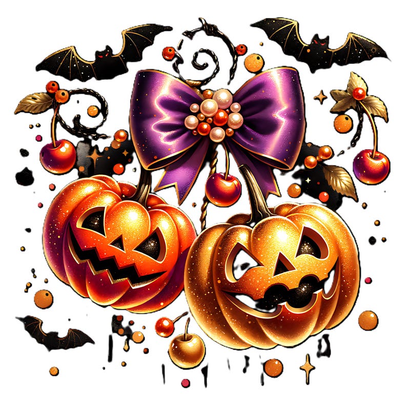 May include: A Halloween-themed illustration featuring two glowing orange jack-o'-lanterns with carved faces. A large purple bow with pearl accents sits above the pumpkins. Black bats, cherries, and decorative elements complete the festive design.