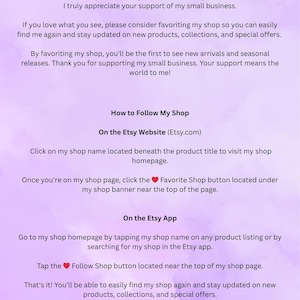 May include: A light purple informational graphic with black text providing instructions on how to follow an Etsy shop. The text outlines steps for both the Etsy website and the Etsy app, including clicking or tapping the favorite shop button.