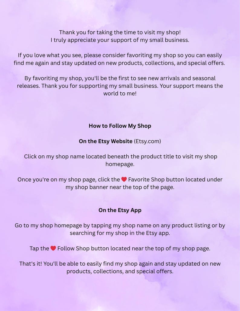 May include: A light purple informational graphic with black text providing instructions on how to follow an Etsy shop. The text outlines steps for both the Etsy website and the Etsy app, including clicking or tapping the favorite shop button.