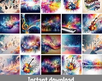 Music Lover Sublimation Design Bundle 25 PNG 20oz Skinny Tumbler Colorful Notes Guitar Violin Drummer PNGs Instant Download