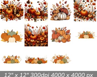 Cozy Autumn Sublimation Clipart Bundle with Pumpkins and Fall Foliage for Instant Download 300dpi 12 x 12 PNG Fall Sublimation