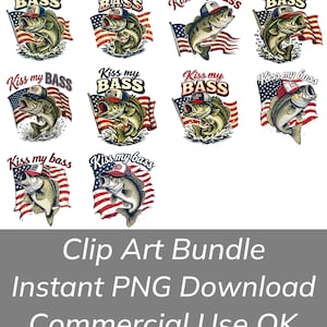 May include: A collection of fishing-themed clip art featuring bass fish wearing hats with the text "Kiss my Bass" and American flag imagery. The designs are in a vintage, distressed style, suitable for various print projects.
