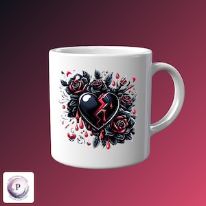Gebrochenes Herz mit dunklen Rosen 300dpi PNG JPEG Sublimationsdesign Glänzendes schwarzes Herz mit gezacktem rotem Riss im gotischen Stil Digital Art