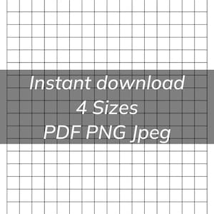 May include: A digital grid paper design with a gray banner containing the words "Instant download", "4 Sizes", and "PDF PNG Jpeg" in white text. The grid is composed of evenly spaced black lines on a white background.