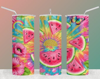 Watermelon Glitter Tropical Design, 20oz Skinny Tumbler Summer Vibes Tumbler Wrap PNG, Pink Teal Summer Gift PNG Instant Download