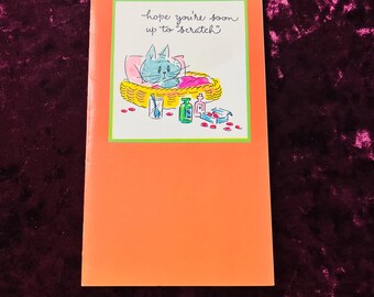 Tarjeta vintage de "Que te mejores pronto" con gatito enfermo