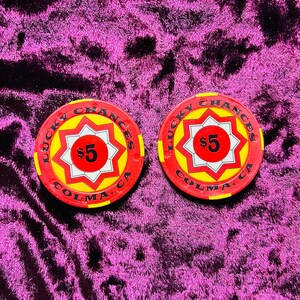 Set of 2 Vintage Lucky Chances Casino Colma California Five Dollar Poker Chips