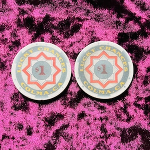Set of 2 Vintage Lucky Chances Casino Colma California One Dollar Poker Chips