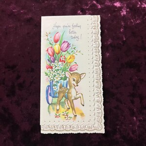 Carte Get Well Soon vintage, cerf avec tulipes