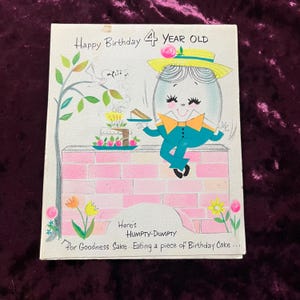 Biglietto pop-up vintage per il quarto compleanno di Humpty Dumpty