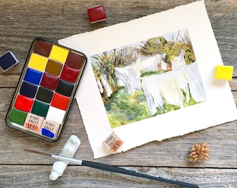 John Sargent's Set - 16 Color Set - Handmade Watercolors - Vermillion, Gamboge, Ultramarine, Viridian, Red Lake, Rose Madder, Black