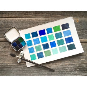 Handmade Watercolors - Ocean Blue Colors - 6 Color Set - Aquamarine, Ultramarine, Cerulean, Indigo, Prussian Blue, Green