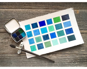 Handmade Watercolors - Ocean Blue Colors - 6 Color Set - Aquamarine, Ultramarine, Cerulean, Indigo, Prussian Blue, Green