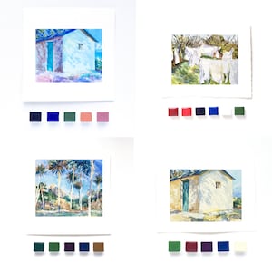 May include: Four watercolor paintings of houses with different backgrounds. The first painting shows a blue house with a white door and a blue sky. The second painting shows a white house with a blue door and a green lawn. The third painting shows a white house with a blue door and a blue sky. The fourth painting shows a white house with a blue door and a green lawn.