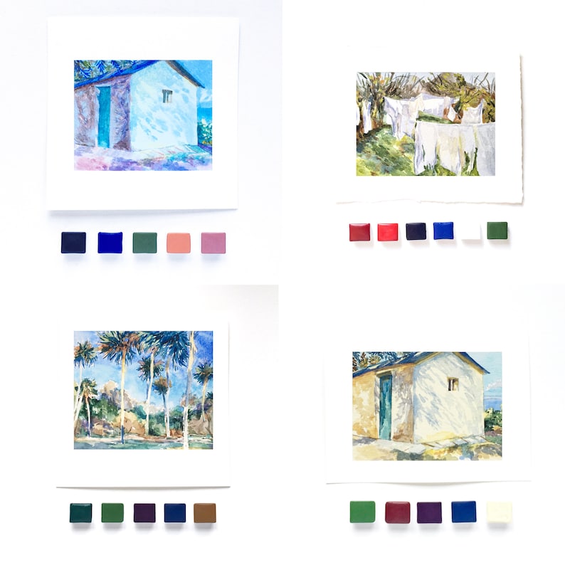 May include: Four watercolor paintings of houses with different backgrounds. The first painting shows a blue house with a white door and a blue sky. The second painting shows a white house with a blue door and a green lawn. The third painting shows a white house with a blue door and a blue sky. The fourth painting shows a white house with a blue door and a green lawn.