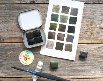 Handgemachtes Aquarell Inktober Set: Limitierte Palette - Monochrome Palette - Limitierte Aquarell Palette - Dunkle Farben