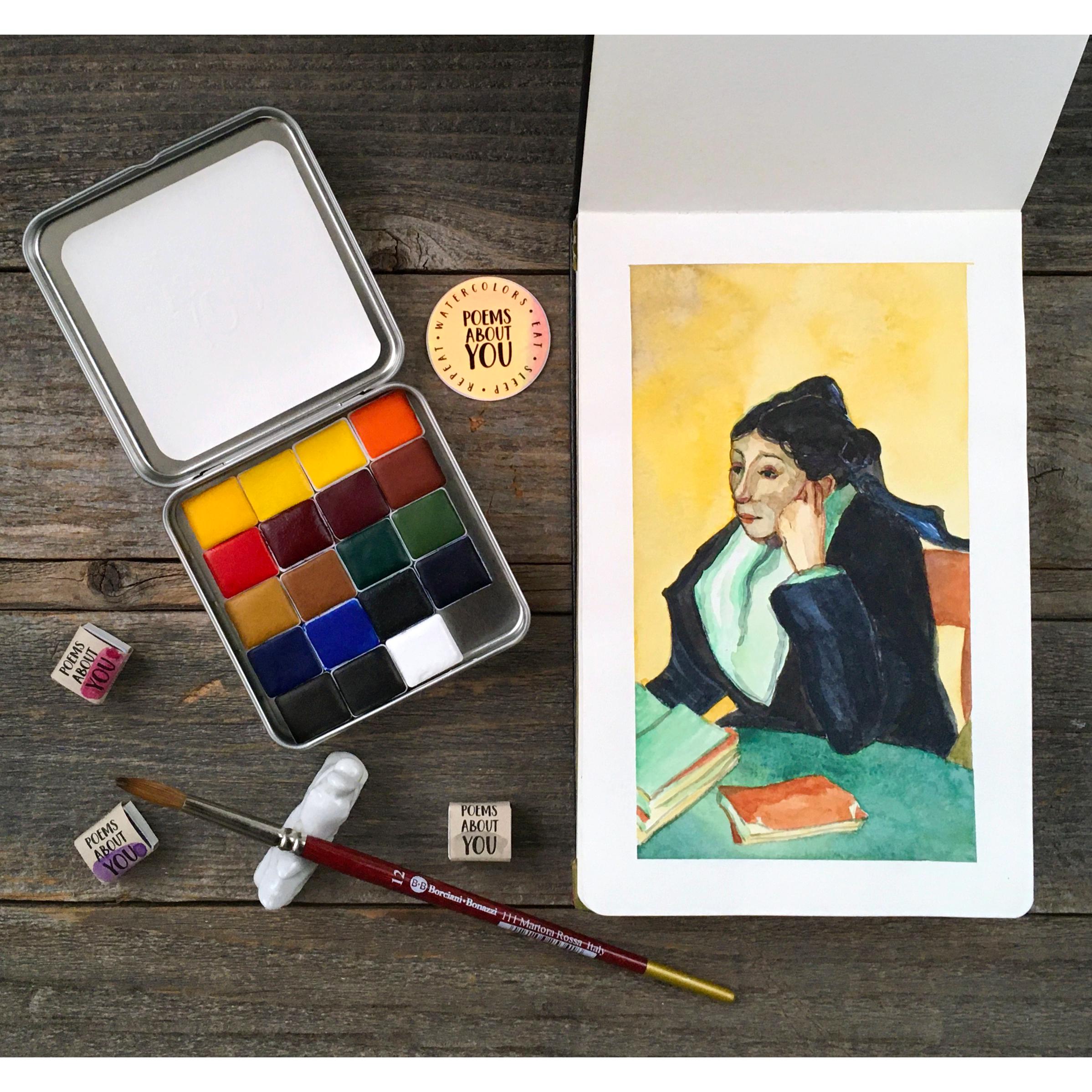 NEW: Vincent van Gogh's Set - 19 Color Set - Handmade Watercolors - Vermilion, Orange, Ultramarine, Viridian, Red Lake, Rose Madder, Emerald