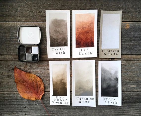 Handmade Watercolors - Sketching Set - 6 Color Set - Red Earth, Cassel Earth, Raw Umber, Titanium Gray, White, Black - for Painting