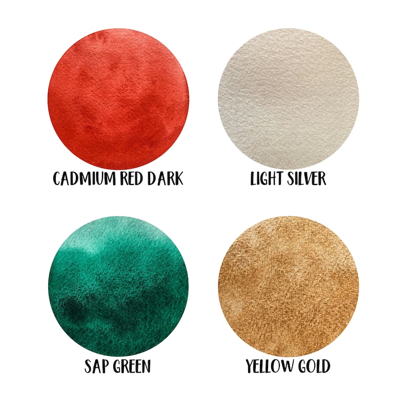 Puede incluir: Cuatro muestras circulares de color dispuestas en una cuadr&iacute;cula. Arriba a la izquierda est&aacute; Cadmium Red Dark, arriba a la derecha Light Silver, abajo a la izquierda Sap Green y abajo a la derecha Yellow Gold. Cada c&iacute;rculo tiene un acabado texturizado.