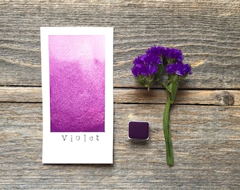 May include: A rectangular white paper swatch featuring a violet watercolor gradient with the word Violet printed in black at the bottom, accompanied by a small square dark purple watercolor paint pan and a sprig of deep purple statice flowers.