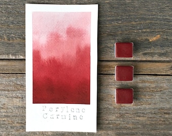 May include: A watercolor painting on white paper with a gradient of red hues, labeled "Perylene Carmine." Three small, square watercolor paint pans in a matching red color are next to the painting. The background is a wooden surface.