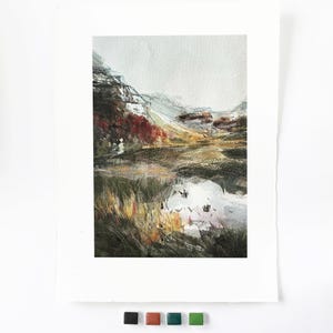 May include: A rectangular art print featuring an abstract landscape painting with muted tones of gray, brown, and deep red. The scene depicts a marshy area with tall grasses, dark foliage, and a reflective water surface, all set against a pale sky.