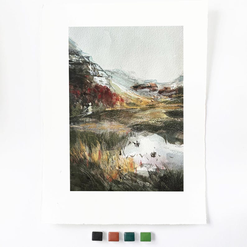 May include: A rectangular art print featuring an abstract landscape painting with muted tones of gray, brown, and deep red. The scene depicts a marshy area with tall grasses, dark foliage, and a reflective water surface, all set against a pale sky.