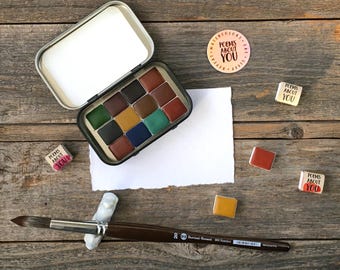 NUEVO: Acuarelas hechas a mano - Set de minerales - Set de 9 o 12 colores - Malaquita, Lazurita, Goethita, Limonita, Eskolaíta, Vivianita