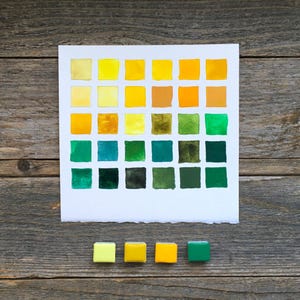 May include: A square sheet of white paper featuring a grid of thirty hand-painted watercolor swatches in various shades of yellow, orange, and green. Below the paper are four small, solid, square watercolor paint pans in yellow and green.