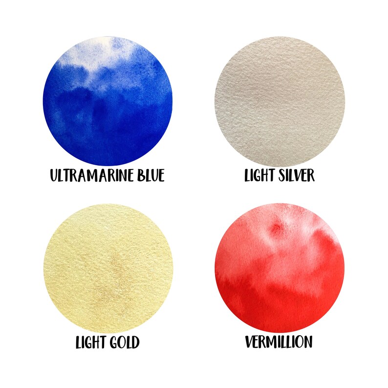 Puede incluir: Cuatro muestras circulares con texturas de acuarela en azul ultramar, plata claro, oro claro y bermell&oacute;n. Cada c&iacute;rculo est&aacute; etiquetado con su nombre de color correspondiente en texto negro debajo: Ultramarine Blue, Light Silver, Light Gold, Vermillion.