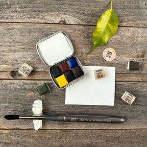 Handmade Watercolors - Landscape - 6 Color Set - Cerulean, Burnt Sienna, Prussian Blue, Yellow - Travel Set, Plein Air Palette