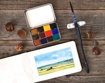 Handgefertigte Aquarelle – Grünes Set 2.0 – 12-Farben-Set für Plein Air – Smaragd, Oxid, Florentiner, Perylen und Hooker-Grün