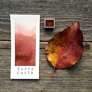 May include: A rectangular watercolor swatch card with a gradient of terracotta pigment, labeled with the text Terra Cotta, accompanied by a small square pan of matching terracotta watercolor paint and a single dried autumn leaf.