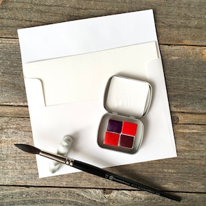 Conjunto para o Dia dos Namorados - Conjunto com 4 cores em uma caixa e 6 cartões postais em branco com envelopes - Aquarelas feitas à mão - Magenta, Vermelho, Violeta