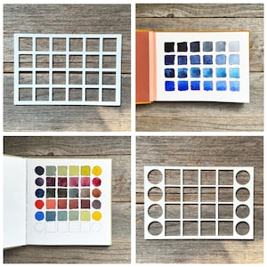 May include: Four white plastic templates for watercolor painting. Each template has a grid of 6 rows and 6 columns of squares. The templates are on a wooden surface.