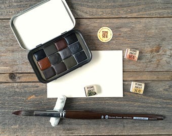 Handmade Watercolors - Dark Palette - 12 Color Set - Earth Tones, Minerals, and Granulating Colors - for Painting and Calligraphy