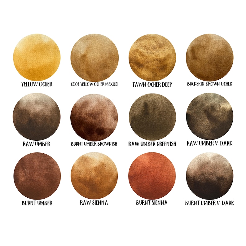 May include: A grid of twelve circular watercolor paint swatches in various earth tones. Labels include Yellow Ocher, Cool Yellow Ocher Mexico, Fawn Ocher Deep, Buckskin Brown Ocher, Raw Umber, Burnt Umber Brownish, Raw Umber Greenish, Raw Umber V. Dark, Burnt Umber, Raw Sienna, Burnt Sienna, and Burnt Umber V. Dark.
