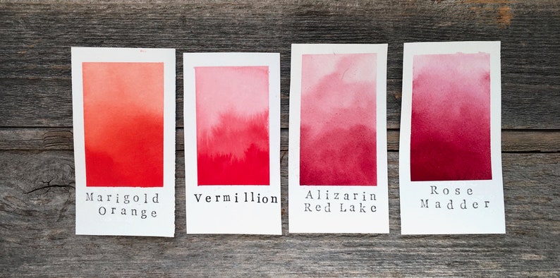 Op de afbeelding: Vier aquarelverfstaaltjes op een houten oppervlak. De staaltjes zijn gelabeld met "Marigold Orange", "Vermilion", "Alizarin Red Lake" en "Rose Madder".