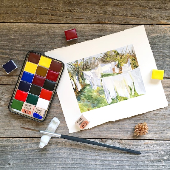 John Sargent's Set - 16 Color Set - Handmade Watercolors - Vermillion, Gamboge, Ultramarine, Viridian, Red Lake, Rose Madder, Black