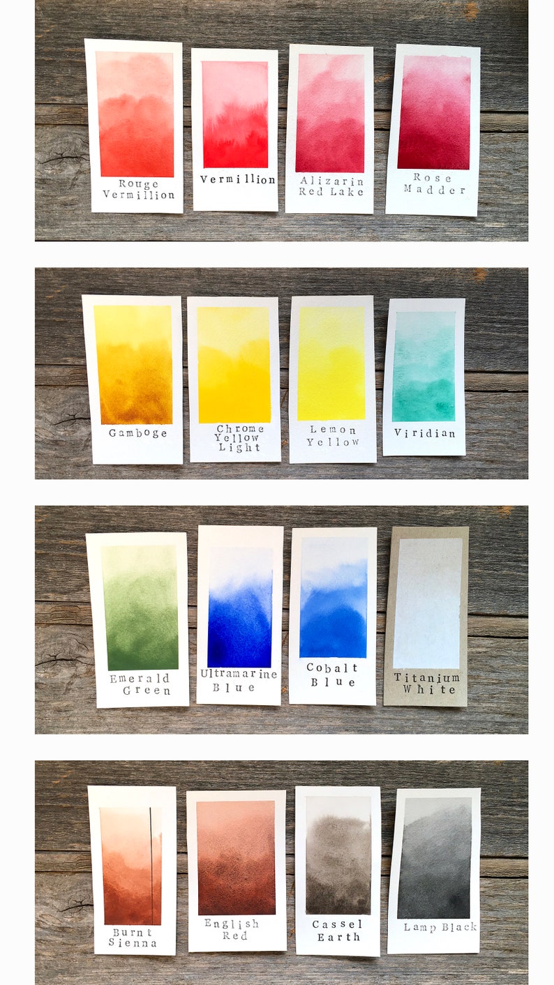 May include: A set of 12 watercolor paint swatches, each with a different color and name. The colors include red, yellow, green, blue, black, and brown. The names of the colors are written below each swatch.