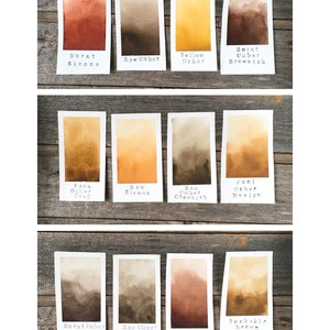 May include: Twelve rectangular watercolor swatches on white paper, each labeled with text including Burnt Sienna, Raw Umber, Yellow Ocher, Burnt Umber Brownish, Fawn Ocher Deep, Raw Sienna, Raw Umber Greenish, Cool Ocher Mexico, Burnt Umber Very Dark, Raw Umber Very Dark, Burnt Umber, and Buckskin Brown Ocher.