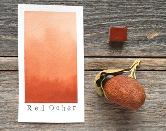 May include: A rectangular watercolor swatch paper featuring a gradient of red ocher paint with the text Red Ocher printed at the bottom, accompanied by a small square red ocher watercolor paint pan and a dried, textured brown fruit with a stem.
