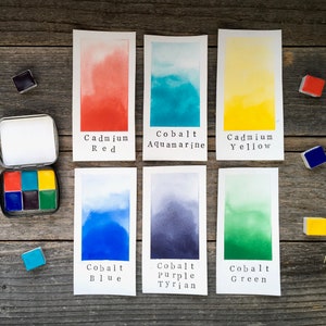 Handmade Watercolors Bright Pure Colors 6 Color Set Cadmium Red, Yellow, Cobalt Aquamarine, Blue, Purple, and Green for Painting image 1