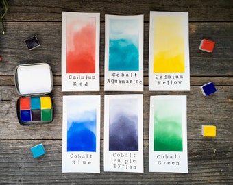 Handmade Watercolors - Bright Pure Colors - 6 Color Set - Cadmium Red, Yellow, Cobalt Aquamarine, Blue, Purple, and Green for Painting