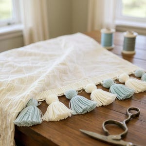China blue and ivory Handmade tassel trim multi color, tassel trim, tassel trim by the yard, fringe trim, tassel fringe trim, lampshade trim