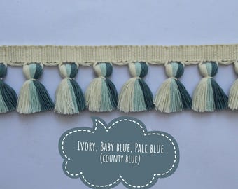 Ivory baby blue county blue multi colored tassel fringe trim, tassel fringe, fringe trim, tassel trim