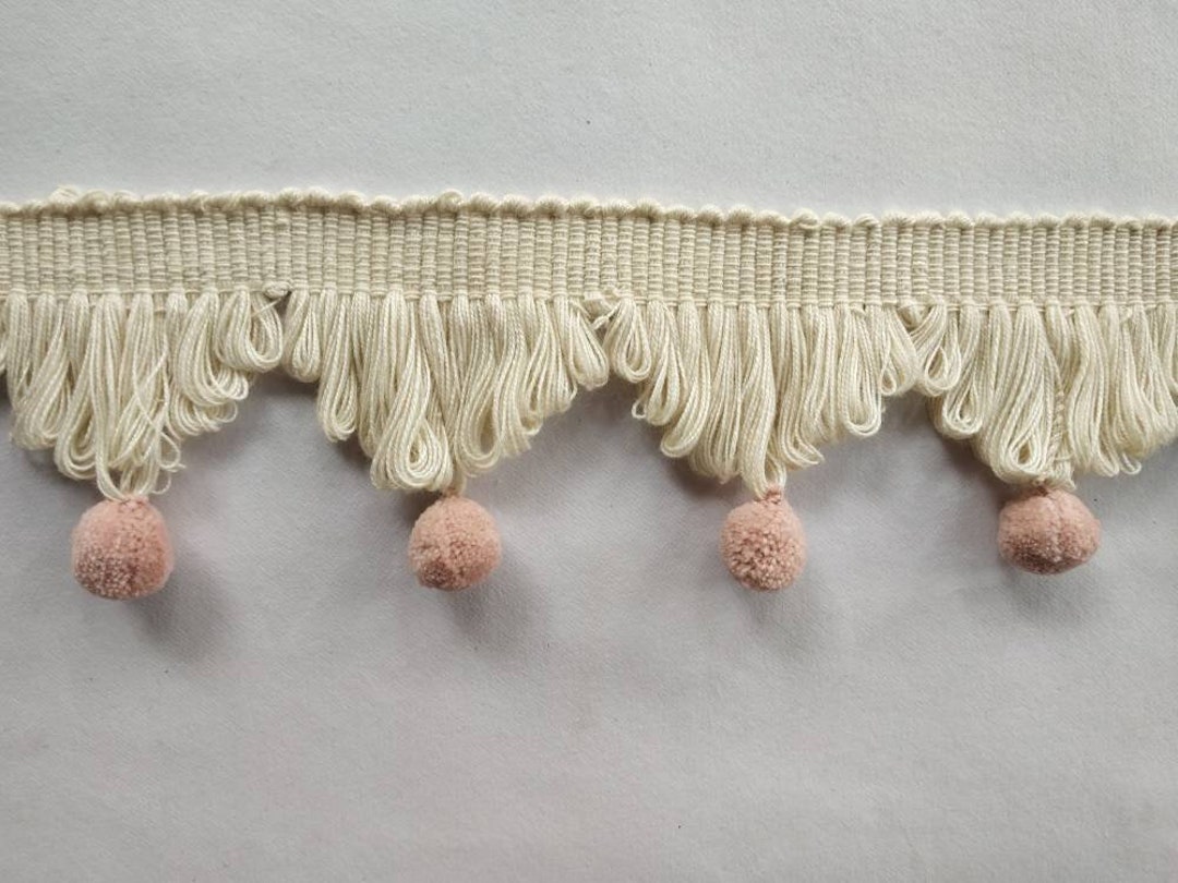Ivory Fan Edge Trim, Blush Pink Pom Poms, Pale Rose Pom Poms, Fan Edge